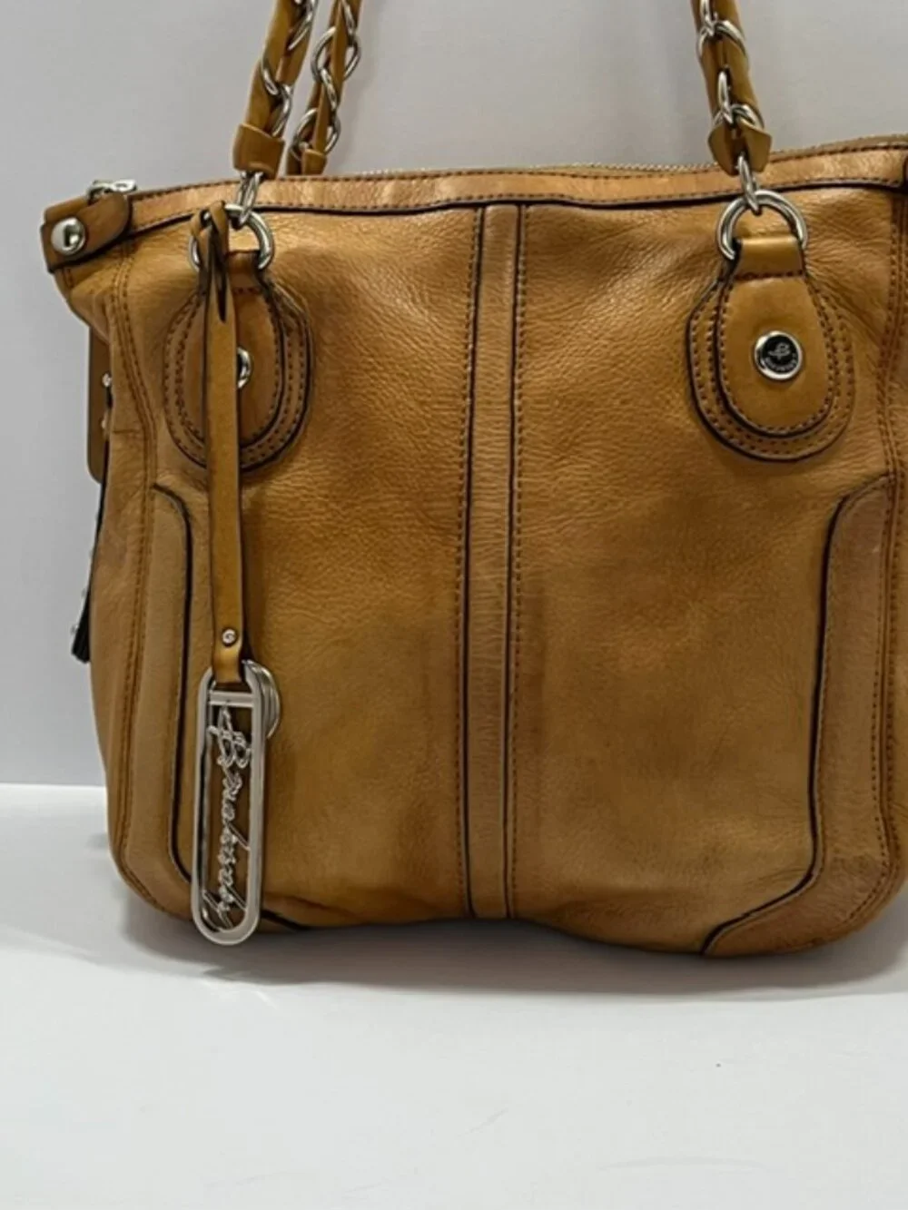 B. Makowsky Leather Hobo Shoulder Bag Chain Strap Multi Zip Pockets Camel w/CoA - Picture 2 of 16